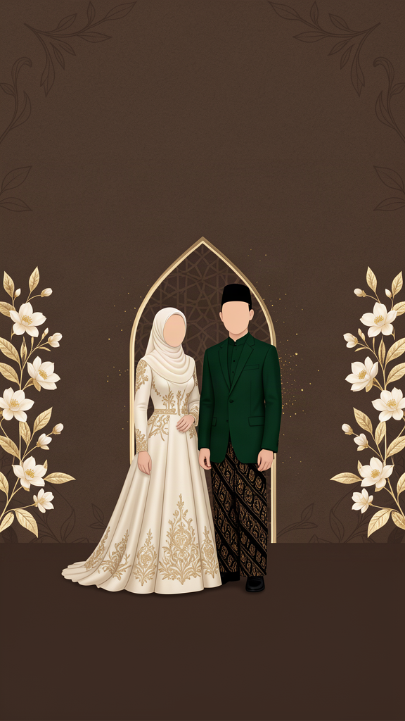 Ilustrasi pengantin Muslim tanpa fitur wajah dengan ornamen floral Islami